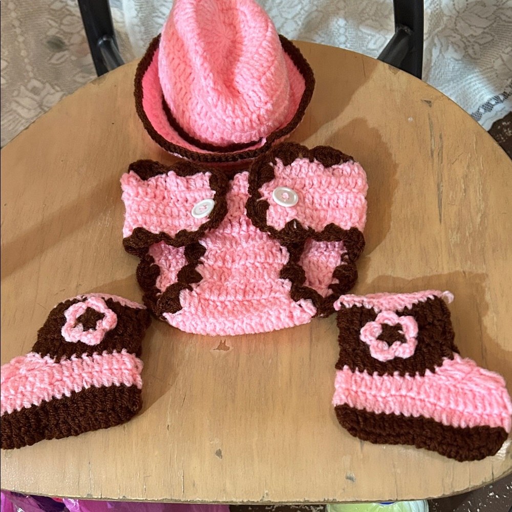 NWOT Cowgirl Costume Baby Infant Pink & Brown Hat Diaper Cover Boots Gift Photo